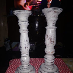 SOLD-pair of non identical chunky distressed candlesticks-&pound;30.00 - Candles & Candle Holders