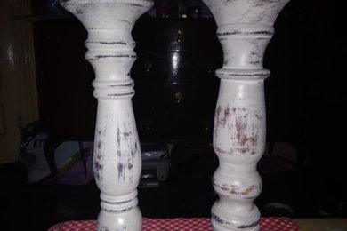 SOLD-pair of non identical chunky distressed candlesticks-£30.00