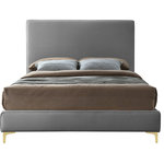 Meridian Furniture - Geri Velvet Upholstered Bed, Gray, King - Provide yourself with a few options when you choose the sleek Geri grey velvet king size bed. The headboard, side rails and footboard are all cushioned and upholstered, with snazzy decorative piping on the headboard and footboard. This bed comes with two different sets of legs so you can match your other decor. Use the gold ones, the chrome ones, or two of each color for a truly contemporary approach.