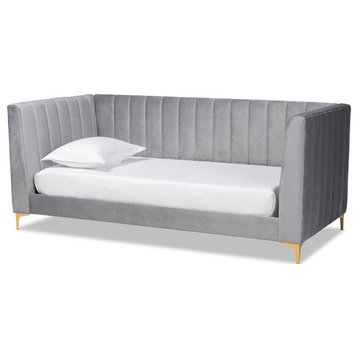 Bowery Hill Modern Velvet Upholstered and Gold Finished Twin Size Daybed in Gray