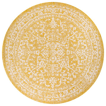 Malta Boho Medallion Textured Weave Indoor/Outdoor, Yellow/Cream, 5' Round