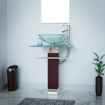 Rectangle Glass/Wood Bathroom Pedestal Sink with Chrome Faucet, Drain, Towel Bar
