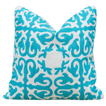 Turquoise & White Moroccan Wool Embroidered Throw Pillow Cover