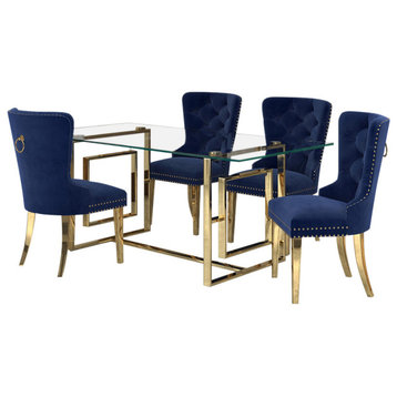 5-Piece Dining Set, Gold Table With Navy and Gold Chair