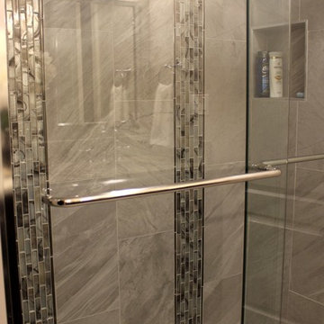 Transitional Bathroom with Gray Mosaic Tile & Polished Chrome Fixtures
