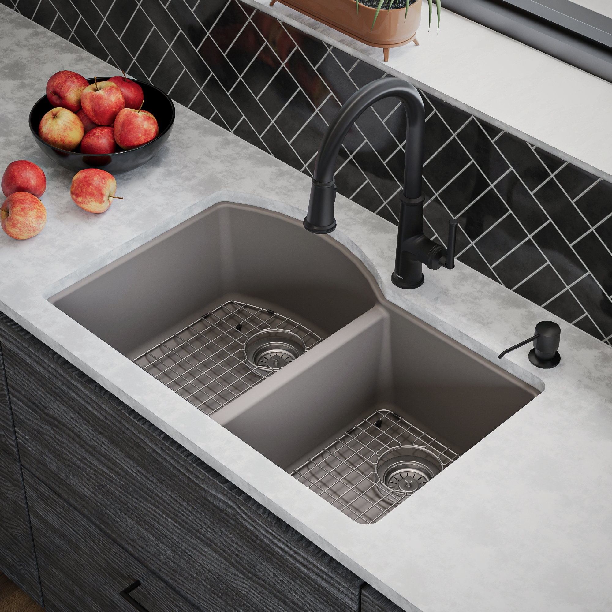 Karran Undermount Quartz 32" 60/40 Double Bowl Kitchen Sink Kit, Concrete