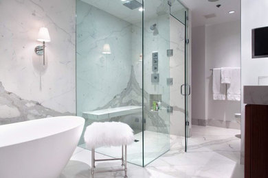 Bathroom - large contemporary master gray tile, white tile and stone slab porcelain tile and white floor bathroom idea in Jacksonville with dark wood cabinets, white walls and a hinged shower door