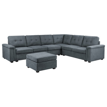 Isla Gray Woven Fabric 7-Seater Sectional Sofa With Ottoman