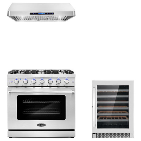 3-Piece, 36" Gas Range, 36" Range Hood and 48 Bottle Wine Refrigerator