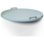 StyleCraft - Dann Foley Faux Shagreen Tray Baby Blue Finish Silver Handles - Dann Foley has created an all around functional and decorative tray that fits beautifully on your coffee table, ottoman, or your kitchen island. A great catch all tray with plenty of space and finished with a faux baby blue leather shagreen fabric and silver metal handles. The edge of this rounded design features a lip to prevent sliding off and the weight capacity overall is 20 pounds. Due to the production process, there may be minor variations in shape, size, color, and finish.