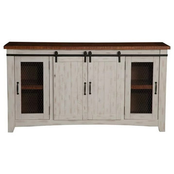 TV Stand, 2 Sliding Doors and 2 Metal Mesh Doors, Antique White/Distressed White
