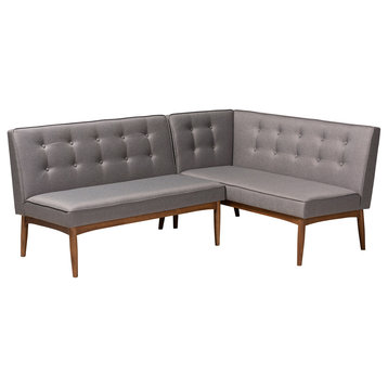 Marleen Mid-Century Modern Gray Fabric 2-Piece Wood Dining Corner Sofa Bench