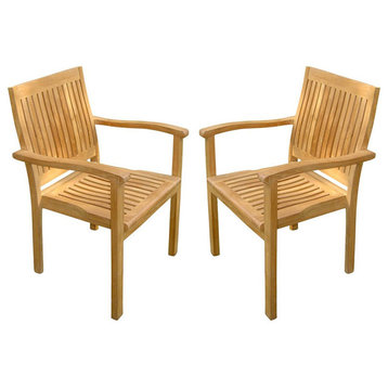 Leveb Stacking Arm Chairs, Teak Outdoor Dining Patio, Set of 2