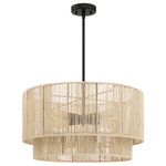 TRUE FINE - 22" W 4-Light Rattan Tiered Drum Chandelier Light With Black Canopy, Beige - Nothing adds warmth and a casual inviting vibe like a natural woven chandelier light. This pendant chandelier light is meticulously hand woven of natural rattan in a 2-tier drum silhouette. Inside, a 4-light cluster casts generous light and creates interesting shadow patterns on the walls of your dining room, living room, or bedroom. This collection can work with a variety of boho decors and even work in homes with coastal, eclectic, or bohemian styling, which is an ideal selection for over your kitchen island, living room, foyer, or suspended above your dining room table, kitchen island or bedrooms of any kind.