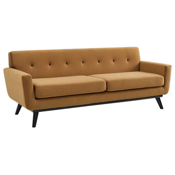Retro Sofa, Black Wood Legs & Cushioned Seat With Angled Track Arms, Cognac
