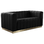 Meridian Furniture - Marlon Velvet Upholstered Loveseat, Black - Seat guests in the epitome of comfort and style with this Marlon velvet loveseat. This piece is just the thing to showcase your modish style while ensuring total enjoyment from all who are lucky enough to relax on its channel tufted seats. The soft black velvet upholstery adds a beautiful touch to your space and feels great against your skin while the brushed gold stainless steel base lends it a contemporary finish.