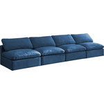 Meridian Furniture - Plush Velvet / Down Standard Comfort Modular Sofa, Navy, 4-Piece: 4 Armless Chair - No matter how big or little the size of your gang, they can all find their sweet spot when you choose pieces from the Plush collection to build your ideal seating group. Choose this individual Plush piece or pair multiple pieces together to get the custom look everyone will love. The soft navy velvet material is soft and welcoming to the touch, and the set's cushions are overstuffed with a down and feather blend to provide ample support for tired bodies.