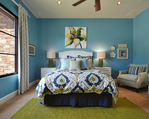 Best Mediterranean Bedroom with Blue Walls Design Ideas & Remodel ...