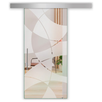 Modern Sliding Glass Door With Frosted Design ALU100, 36"x81", Recessed Grip