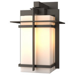 Hubbardton Forge - Tourou Downlight Large Outdoor Sconce, Coastal Dark Smoke Finish, Opal Glass - Although the design is in honor of traditional Japanese stone lanterns, our Tourou Outdoor Sconce is much easier to mount on the outside of your home or business. Metals bands crisscross and hug the square glass tube for design flare.