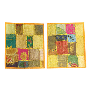 Mogulinterior - Consigned, Ethnic Yellow Cushion Cover Patchwork Embroidered Square Pillow Cases - Pillowcases And Shams