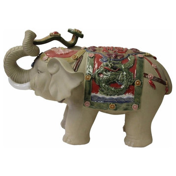 Handmade Ceramic Elephant Trunk Holding Ru Yi & Power Dragon Decor Back Rest