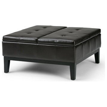 Contemporary Storage Ottoman, Split Lift Up Top With Faux Leather Upholstery