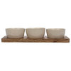 3 Stoneware Bowls on a Mango Wood Tray, Cream and Natural Set of 4