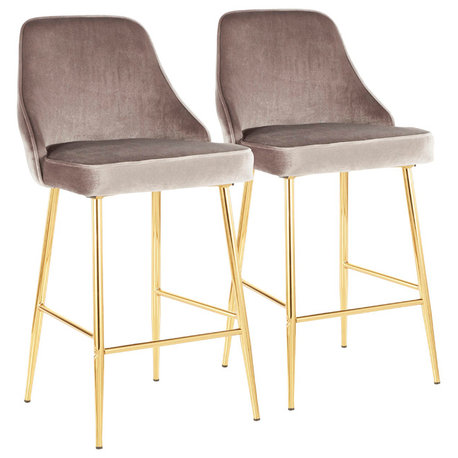 Lumisource Marcel Counter Stool, Gold Metal, Set of 2, Silver Velvet