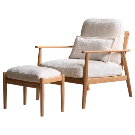Oak Solid Wood Armchair, Natural Wood Lamb Wool Cloud Cotton White/Footstool