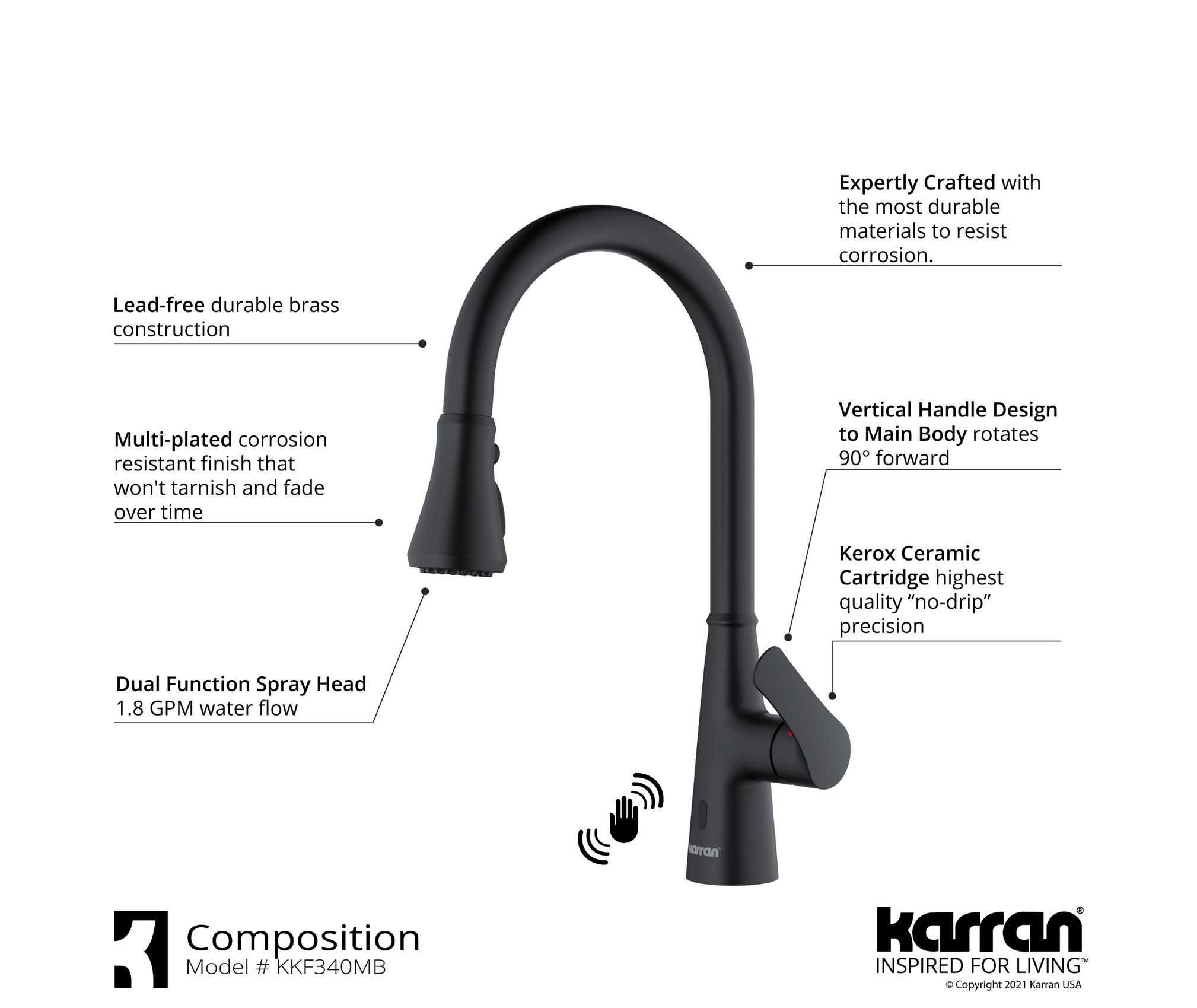 Karran Touchless One-Handle Triple Function Sprayer Faucet, Matte Black