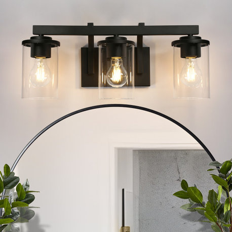 LALUZ Clear Glass Farmhouse Bathroom Vanity Lights, Matte Black, 3-Light