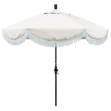 9' Matte Black Surfside Patio Umbrella With Ribs and White Fringe, Natural