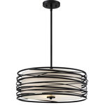 Quoizel - Quoizel Spiral Three Light Pendant SPL2820K - Three Light Pendant from Spiral collection in Mystic Black finish. Number of Bulbs 3. Max Wattage 100.00 . No bulbs included. With a sense of whimsical, multi-layered style, the Spiral series features a unique fun design.  The coiling of the outer metal shade is finished in a deep Mystic Black to match the body of the fixture. The inner fabric shade is a creamy beige and includes an etched glass diffuser to complete the look. No UL Availability at this time.