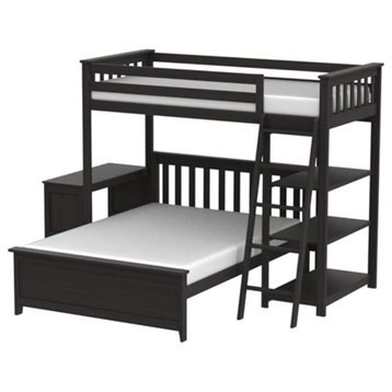 Twin Over Full Bunk Bed, L Shaped Design With Integrated Desk and Bookcase, Clay