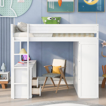 Wood Twin/ Full Size Loft Bed with Wardrobes and 2-Drawer Desk (No mattress), White(full)