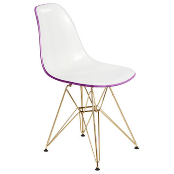 LeisureMod Cresco Molded 2-Tone Eiffel Side Chair With Gold Base White Purple