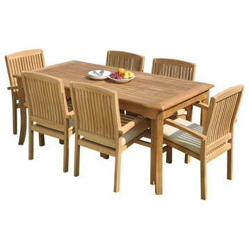 7-Piece Outdoor Teak Dining Set: 60" Rectangle Table, 6 Wave Stacking Arm Chairs