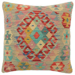 Bareens Designer Rugs - Boho Chic Turkish Godfrey Hand Woven Kilim Pillow - Embellish your home with this timeless casual chic handmade Southwestern Kilim throw pillow covers made with wool and cotton. Constructed on a loom by Nomad Turkman people with hand spun wool and Natural Vegetable dyes these beautiful Kilim pillow covers are known for their beautiful repetitive geometrical, naturalistic floral and traditional patterns yet still giving it a moden look. Masterfully artisan-crafted on traditional Kilim looms with a contemporary fashion palette producing bold intricate sharp patterns making them a standout piece in any decor.