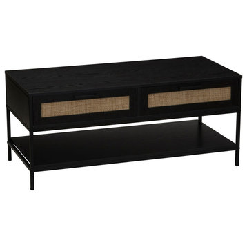 Rectangular Coffee Table, Storage Shelf, 2 Drawers Black Oak, Black Metal
