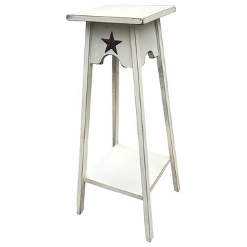 Primitive Pine Square Side Table/Plant Stand With Rustic Star, Antique White