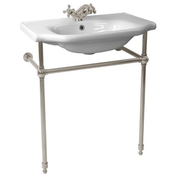 Traditional Ceramic Console Sink With Satin Nickel Stand, One Hole