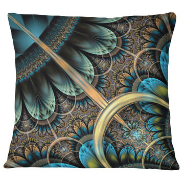 Large Blue Brown Fractal Floral Pattern Floral Throw Pillow, 16"x16"