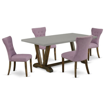 East West Furniture V-Style 5-piece Wood Dining Set in Brown/Dahlia/Cement