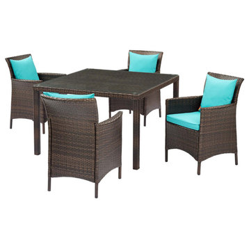 Side Dining Chair and Table Set, Rattan, Wicker, Brown Blue, Modern, Outdoor