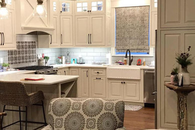 Example of an eat-in kitchen design in Other with a farmhouse sink, beaded inset cabinets, white cabinets, quartz countertops, no island and white countertops
