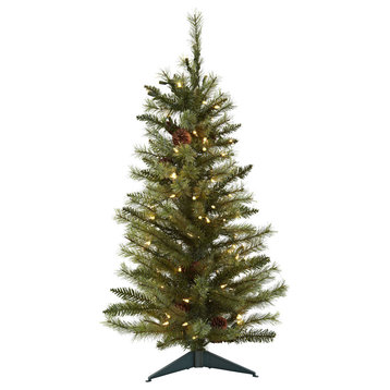 3' Christmas Tree With Pine Cones and Clear Lights, Green