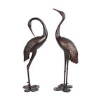 Bronze Garden Crane Pair Statue, Upright and Preening Set