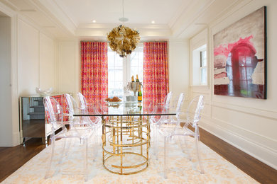 Mid-sized trendy medium tone wood floor enclosed dining room photo in Toronto with white walls and no fireplace