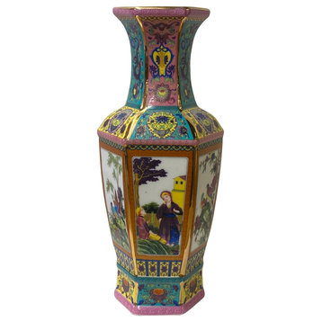 Chinese Turquoise Rich Multi-Color Print Graphic Porcelain Vase Hws1478